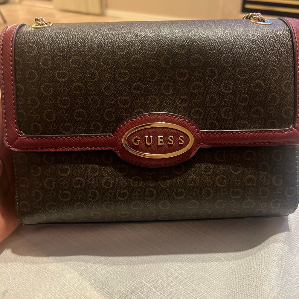 Guess Burgundy and Brown Shoulder Bag
